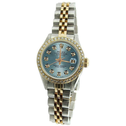 Blue Diamond Dial Bezel Rolex Ladies Watch Date Just Ss & Gold