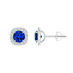 Blue Round Sapphire And Halo Diamond Stud Earring