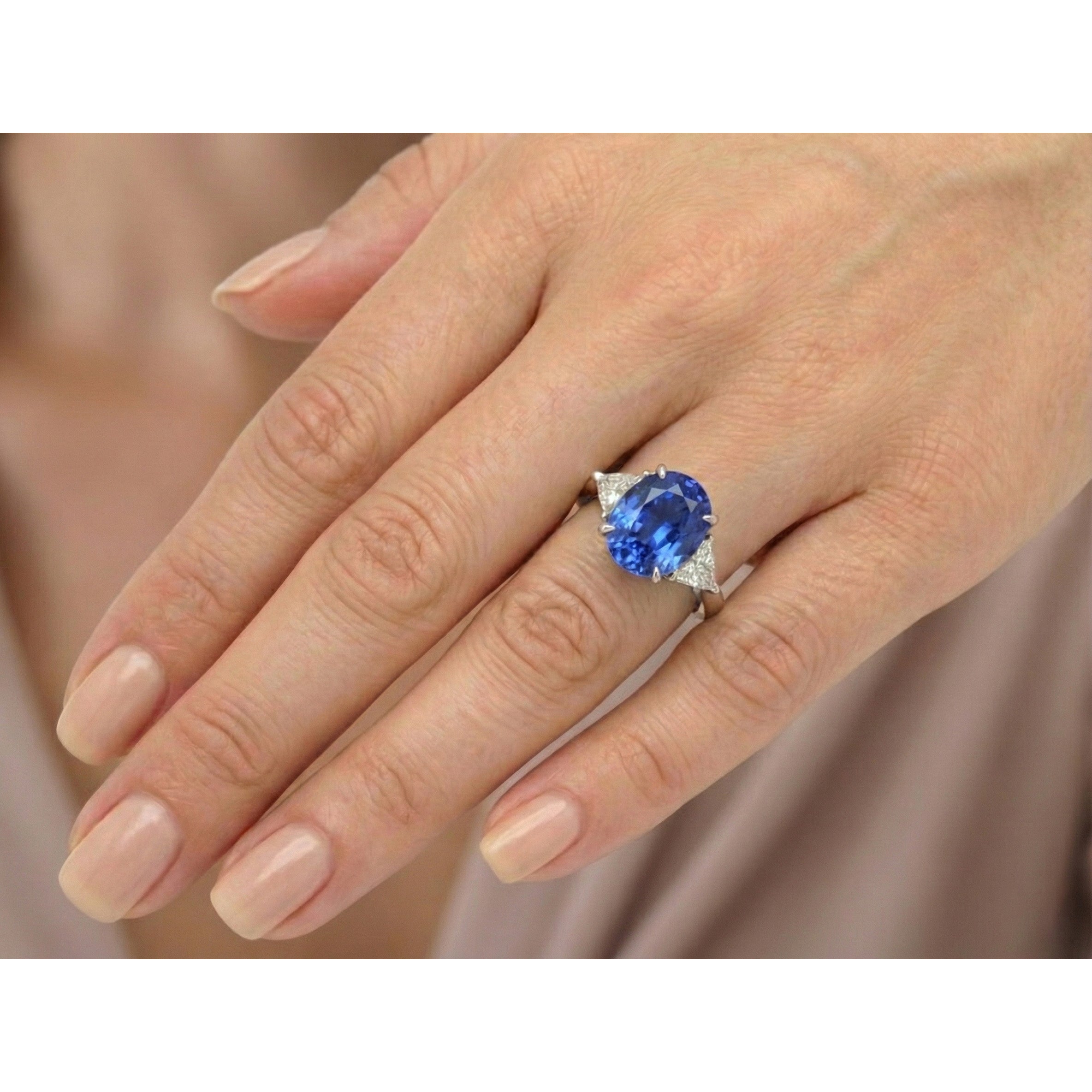 Blue Sapphire Three Stone Ring Oval & Trillion Natural Earth Mined Diamonds 4.50 Carats