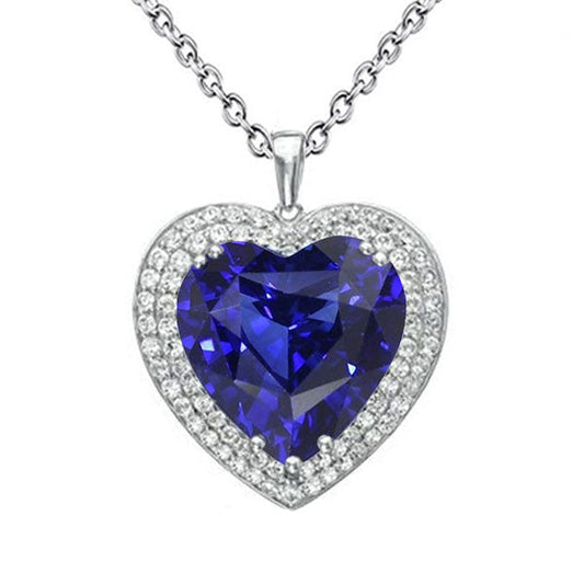 Blue Sapphire & IGI CERTIFIED Diamond Double Halo Heart Pendant 6.50 Carats Gold