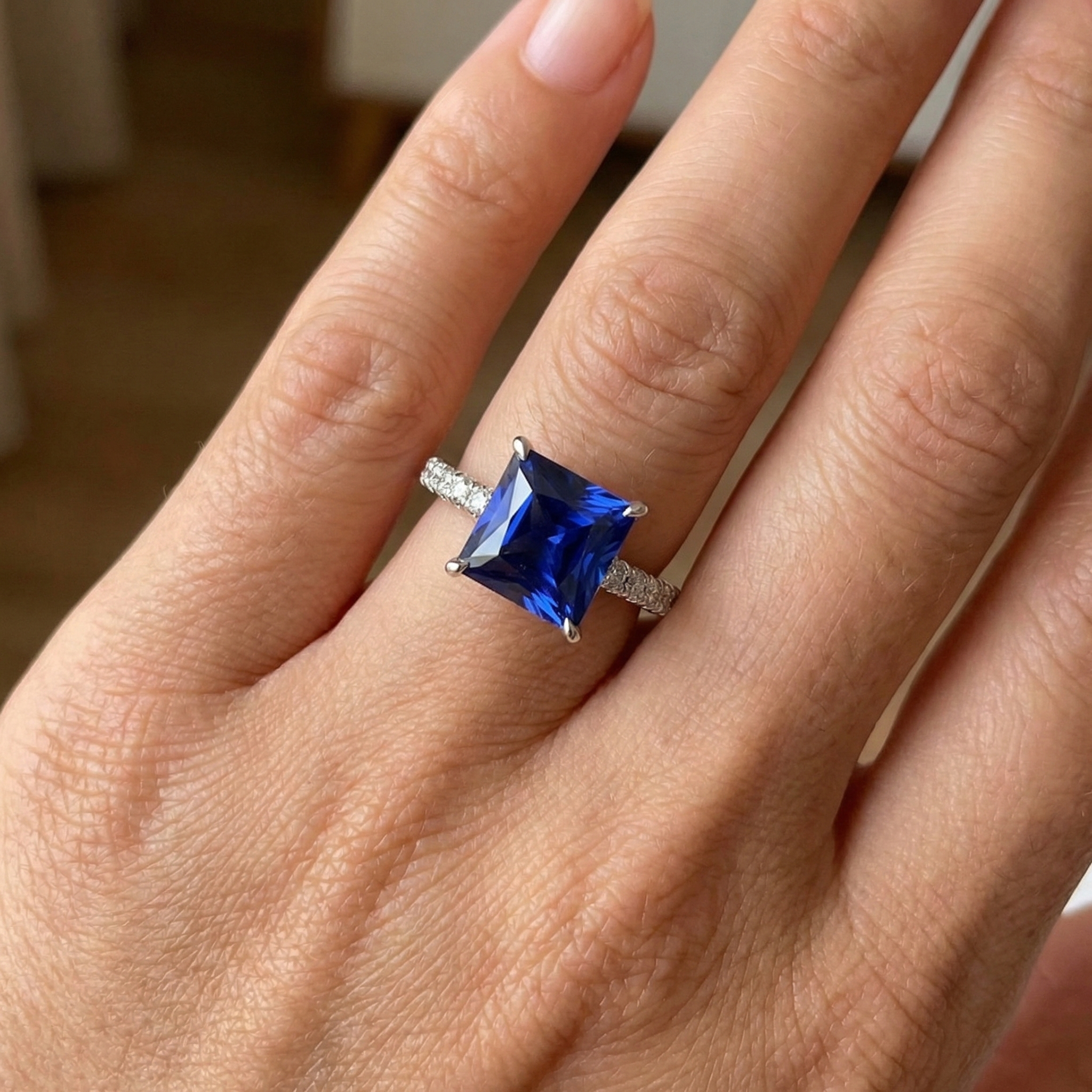 Blue Sapphire & Natural Earth Mined Diamond Solitaire Accents Ring 5.50 Carat Princess Cut