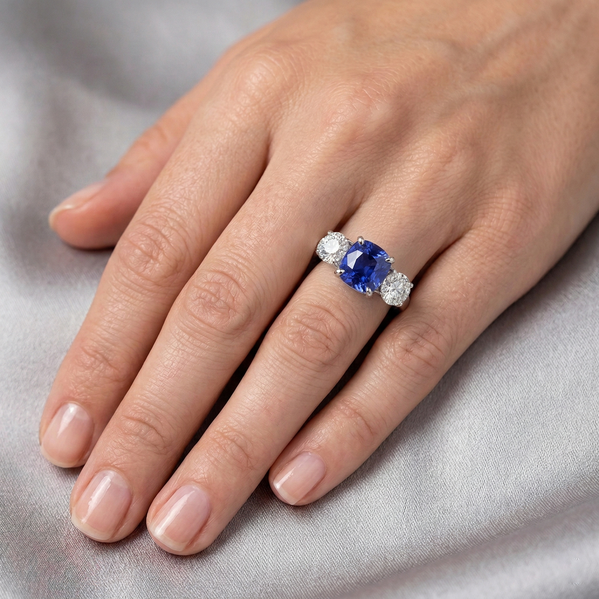 Blue Sapphire & Round Natural Earth Mined Diamond Ring 3.50 Carats 3 Stone Style Jewellery