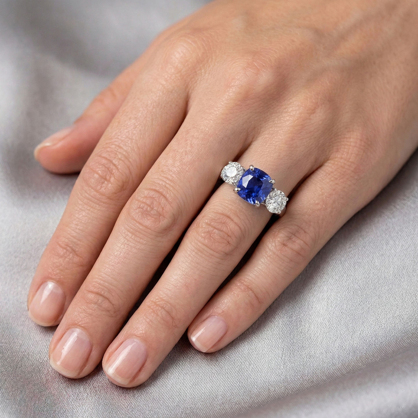 Blue Sapphire & Round Natural Earth Mined Diamond Ring 3.50 Carats 3 Stone Style Jewellery