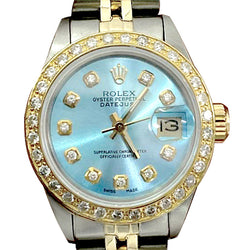 Blue Natural Earth Mined Diamond Dial Bezel Rolex Ladies Watch Date Just Ss & Gold