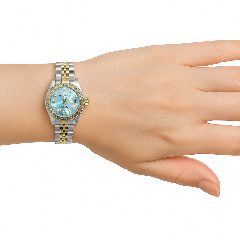 Blue Natural Earth Mined Diamond Dial Bezel Rolex Ladies Watch Date Just Ss & Gold