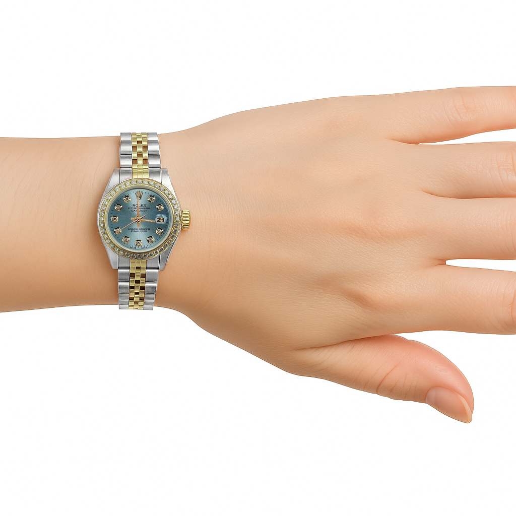 Blue Natural Earth Mined Diamond Dial Bezel Rolex Ladies Watch Date Just Ss & Gold P5