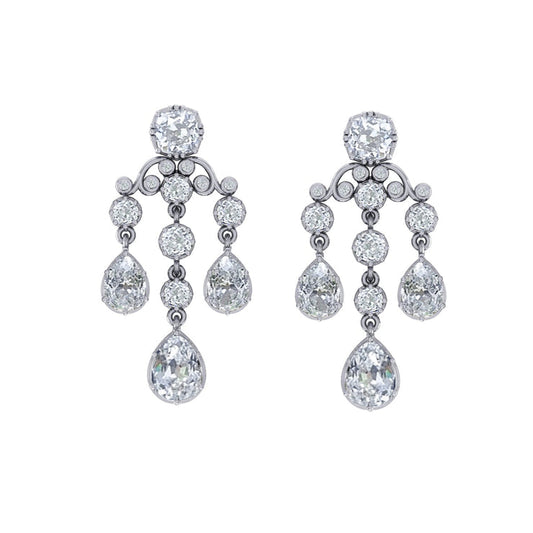 Bridal Chandelier Earrings Pear, Cushion Old Cut Real Diamonds 6.50 Carats