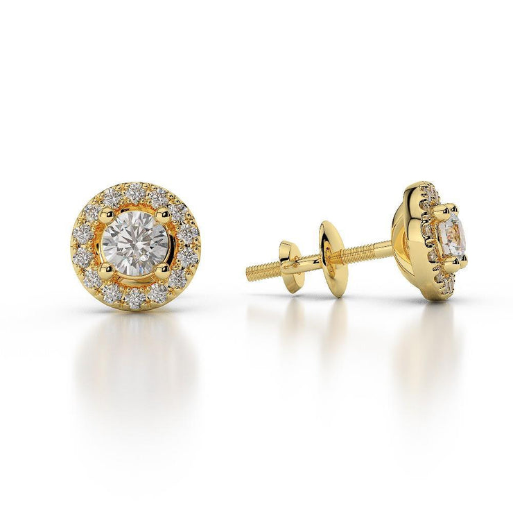 Brilliant Cut Round Halo Real Diamond Stud Earring 2.48 Ct. Yellow Gold 14K