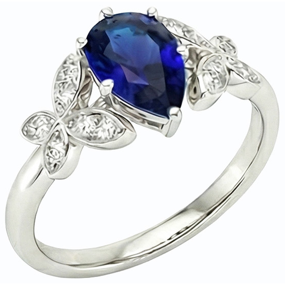 Butterfly Natural Earth Mined Diamond Engagement Ring Pear Ceylon Sapphire 3 Carats