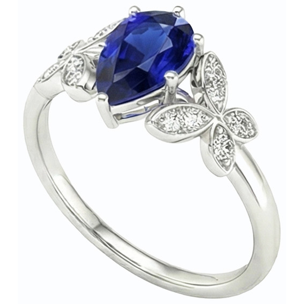 Butterfly Natural Earth Mined Diamond Engagement Ring Pear Ceylon Sapphire 3 Carats