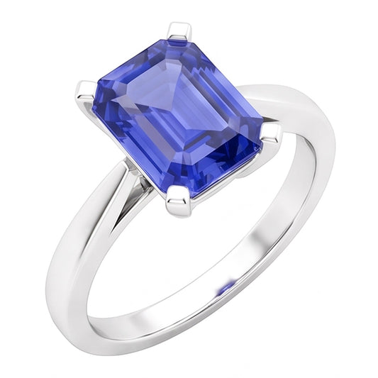Cathedral Setting Ceylon Sapphire Solitaire Emerald Shaped Ring