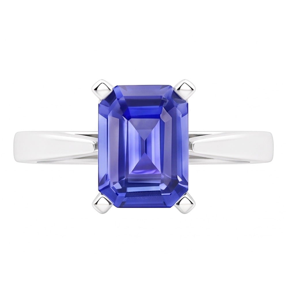 Cathedral Setting Ceylon Sapphire Solitaire Emerald Shaped Ring