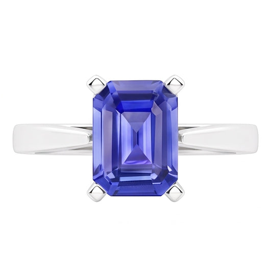 Cathedral Setting Ceylon Sapphire Solitaire Emerald Shaped Ring