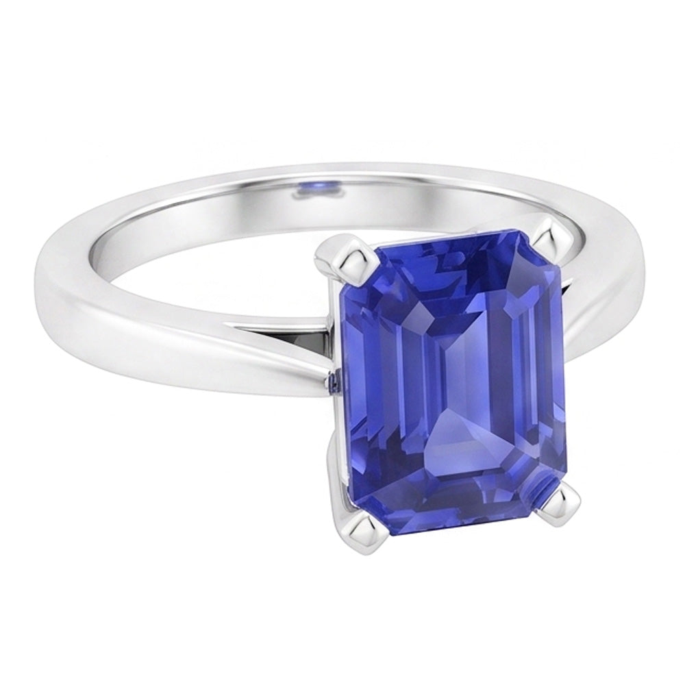 Cathedral Setting Ceylon Sapphire Solitaire Emerald Shaped Ring