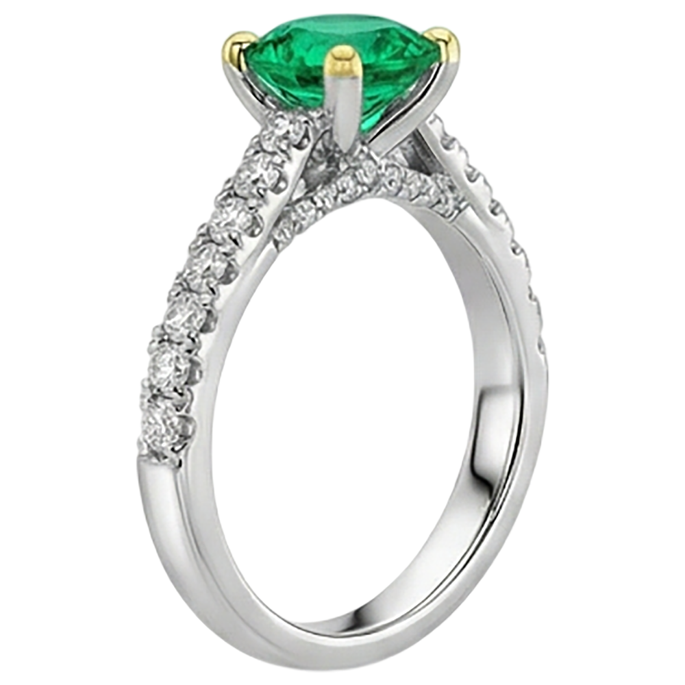 Colombian Emerald Round Brilliant Gemstone Ring in 14 Karat Two Tone Gold – profile view