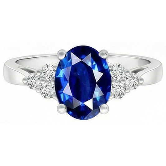 Cathedral Setting Oval Ceylon Sapphire & Natural Earth Mined Diamond Ring White Gold
