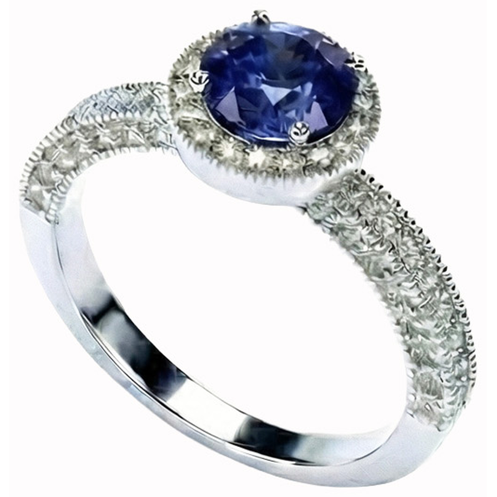 Ceylon Blue Sapphire And Natural Earth Mined Diamonds Anniversary Ring New White Gold 14K