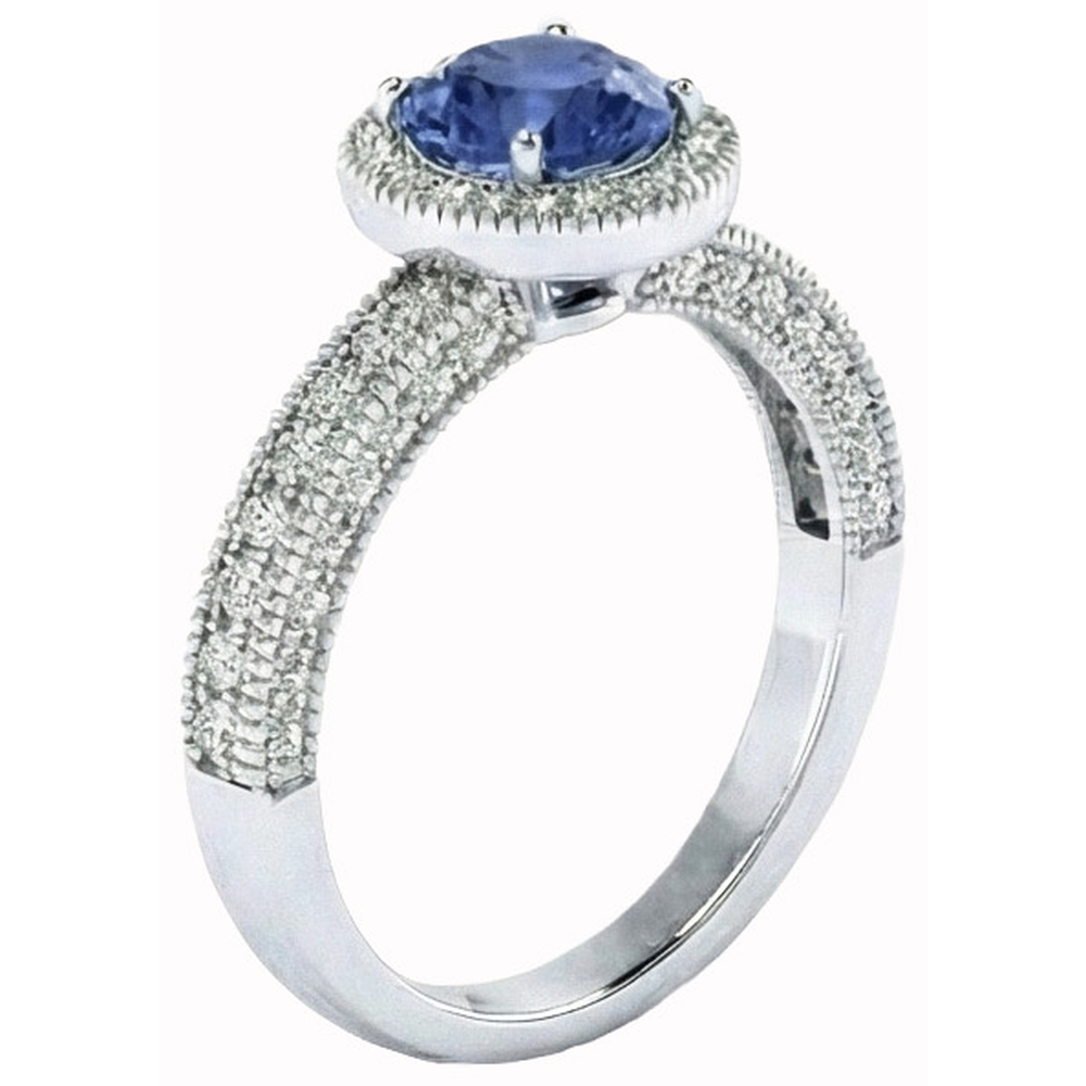 Ceylon Blue Sapphire And Natural Earth Mined Diamonds Anniversary Ring New White Gold 14K
