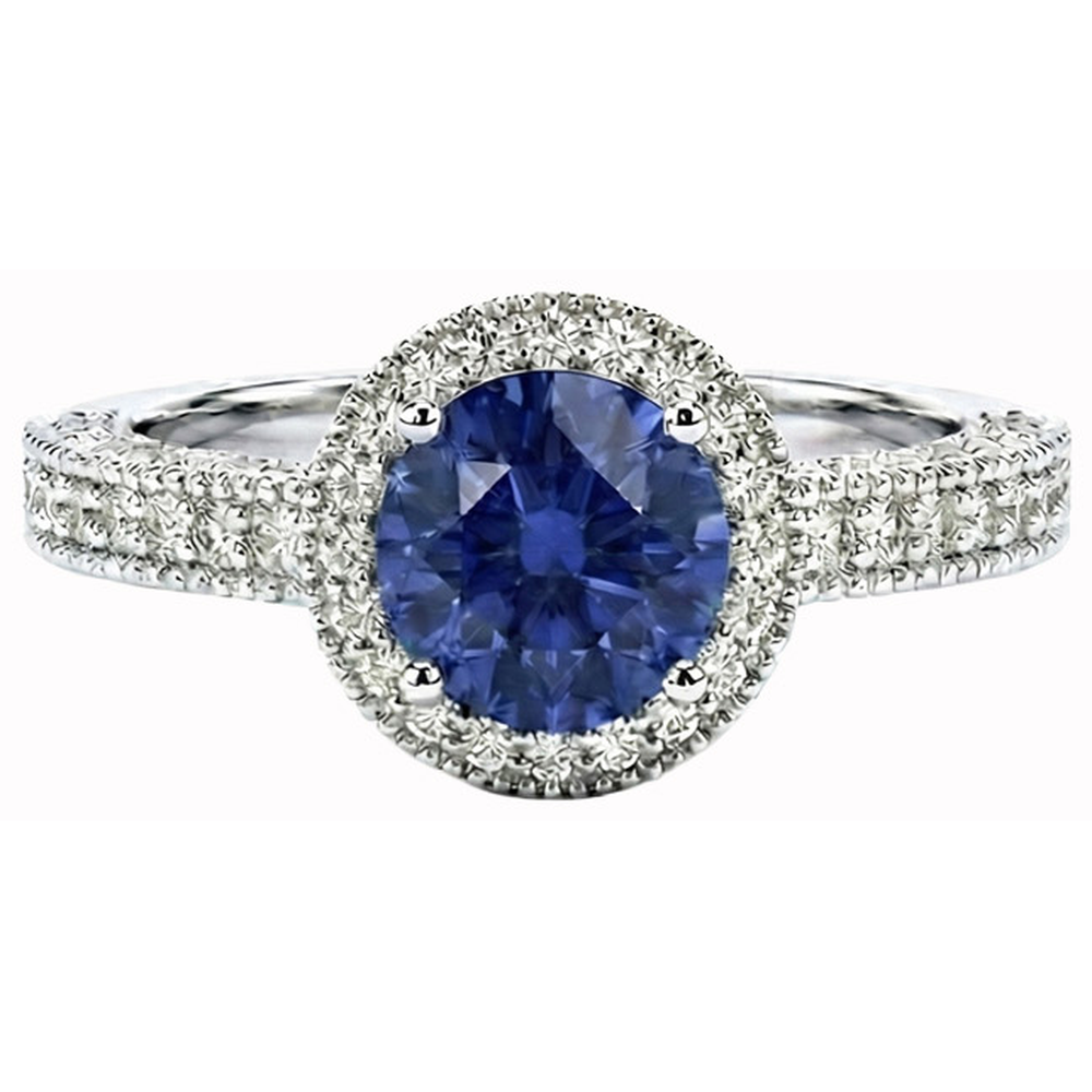 Ceylon Blue Sapphire And Natural Earth Mined Diamonds Anniversary Ring New White Gold 14K