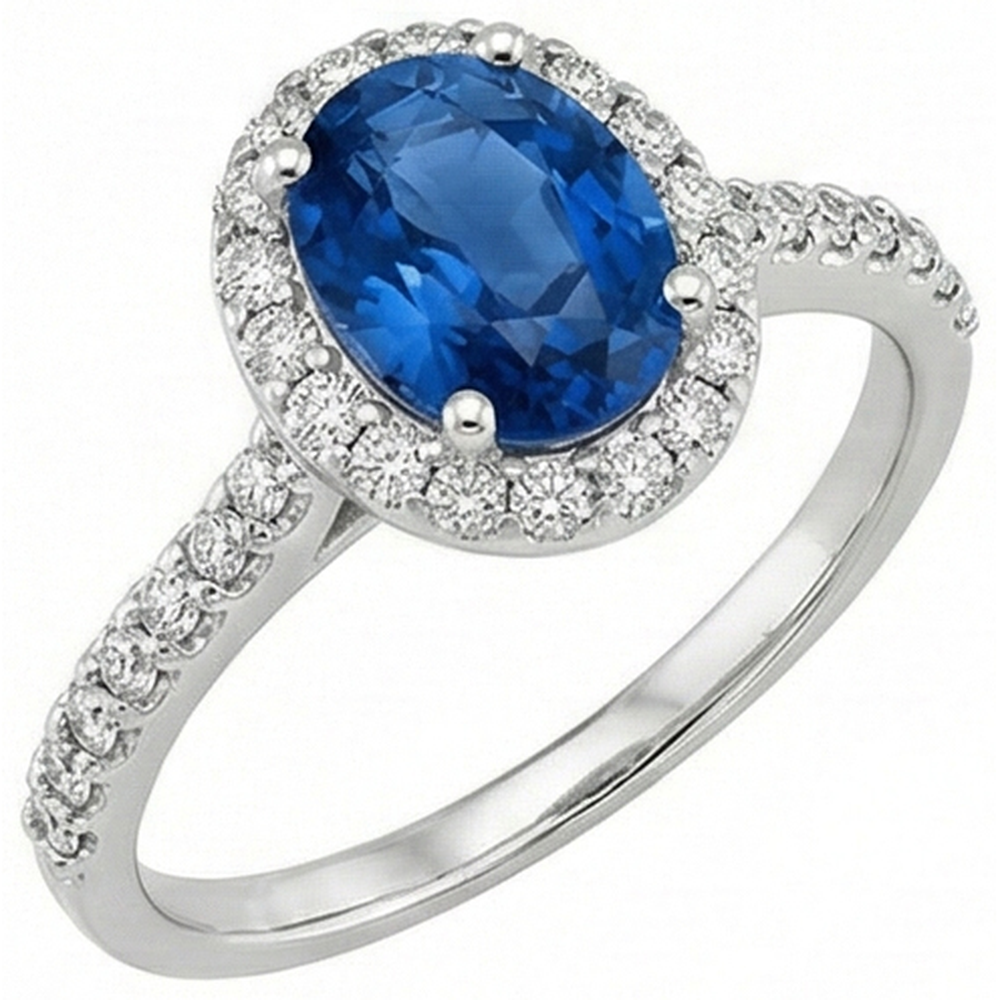 Ceylon Blue Sapphire Halo Natural Earth Mined Diamond Ring 14K White Gold Oval 2.15 Ct.