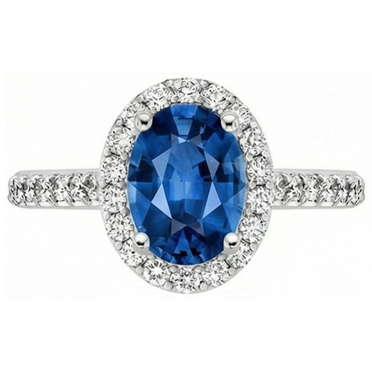 Ceylon Blue Sapphire Halo Natural Earth Mined Diamond Ring 14K White Gold Oval 2.15 Ct.