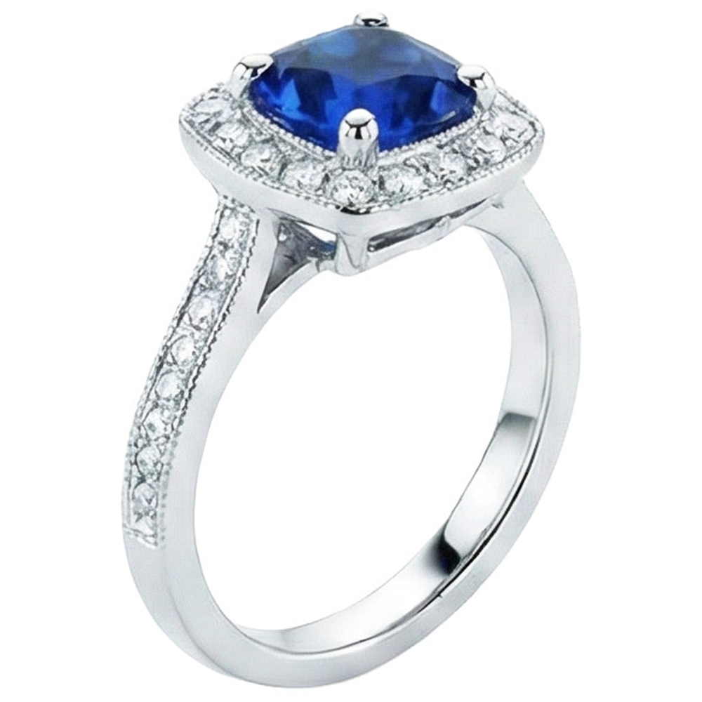 Ceylon Blue Sapphire Halo Natural Earth Mined DIAMOND ( NOT LAB GROWN )s Ring 4 Ct 14K White Gold