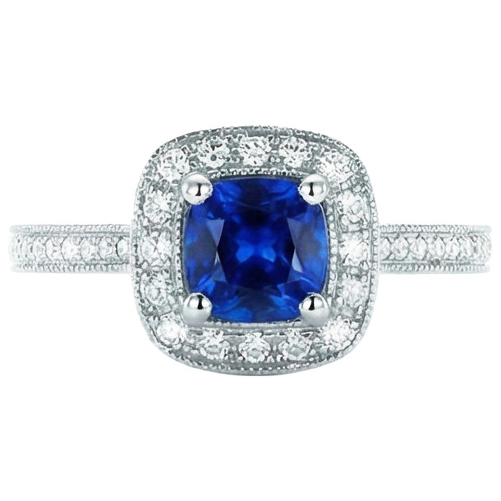 Ceylon Blue Sapphire Halo Natural Earth Mined DIAMOND ( NOT LAB GROWN )s Ring 4 Ct 14K White Gold