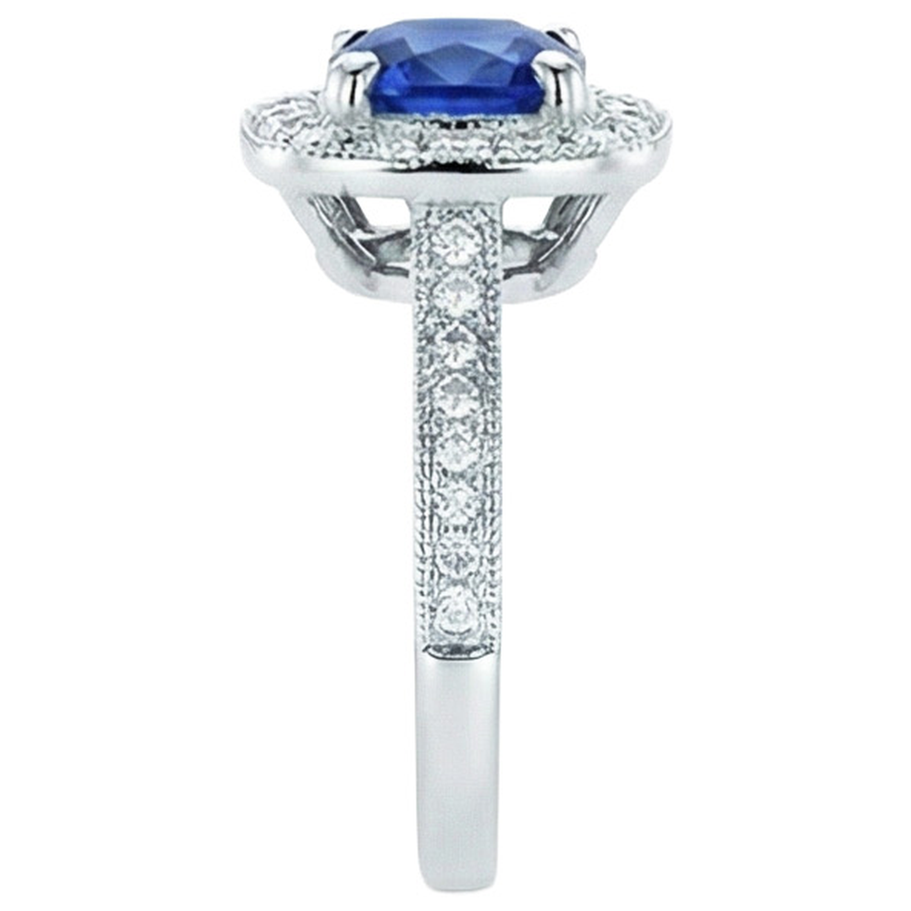 Ceylon Blue Sapphire Halo Natural Earth Mined DIAMOND ( NOT LAB GROWN )s Ring 4 Ct 14K White Gold