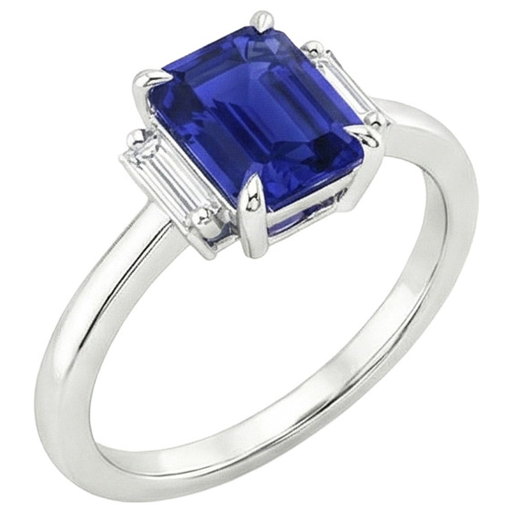 Ceylon Blue Sapphire Natural Earth Mined Diamond 3 Stone Ring 2.50 Carats Prong Set