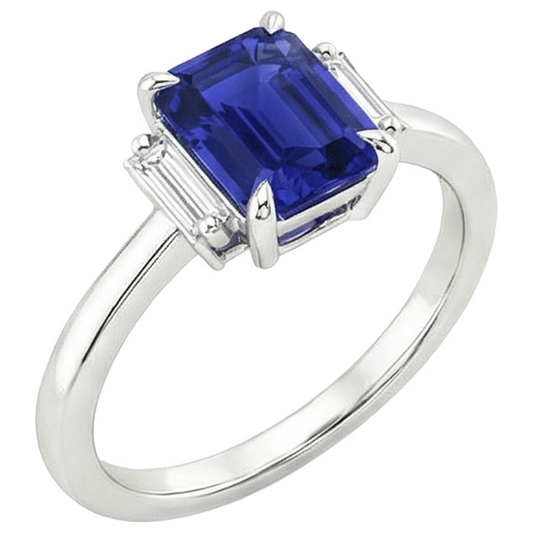 Ceylon Blue Sapphire Natural Earth Mined Diamond 3 Stone Ring 2.50 Carats Prong Set