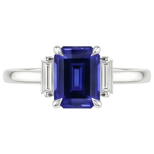 Ceylon Blue Sapphire Natural Earth Mined Diamond 3 Stone Ring 2.50 Carats Prong Set