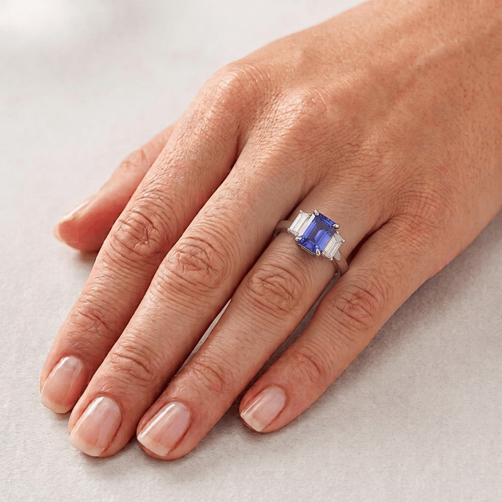 Ceylon Blue Sapphire Natural Earth Mined Diamond 3 Stone Ring 2.50 Carats Prong Set