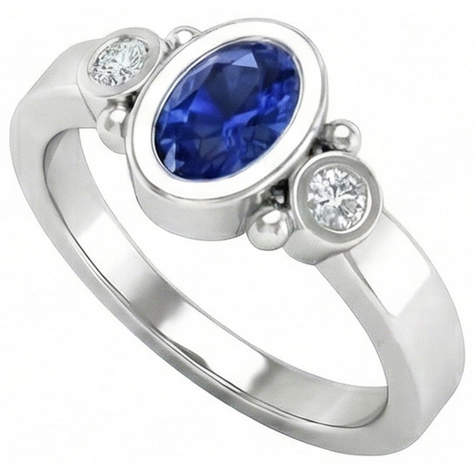 Ceylon Blue Sapphire Natural Earth Mined DIAMOND ( NOT LAB GROWN ) Ring Bezel Set 1.70 Carat White Gold 14K