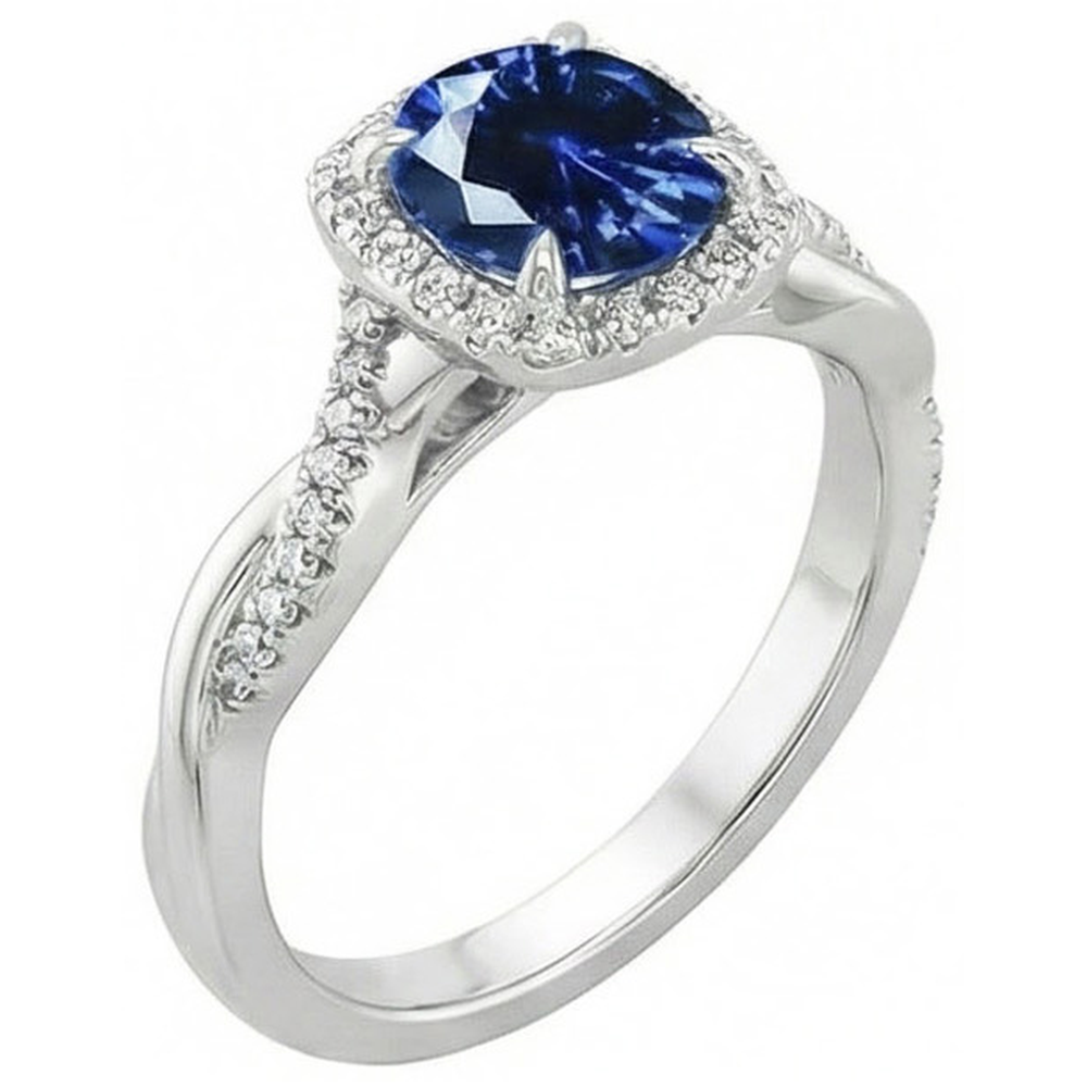 Ceylon Blue Sapphire Natural Earth Mined Diamonds 3 Carats Wedding Ring White Gold 14K