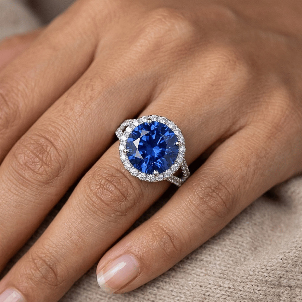 Ceylon Blue Sapphire Round Cut Natural Earth Mined Diamond Ring Gold Jewellery