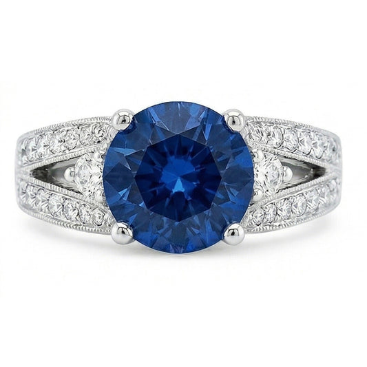 Ceylon Blue Sapphire With Natural Earth Mined Diamonds Ring 4 Ct White Gold 14K