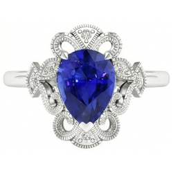 14K White Gold Milgrain Royal Blue Sapphire Precious Stone Ring