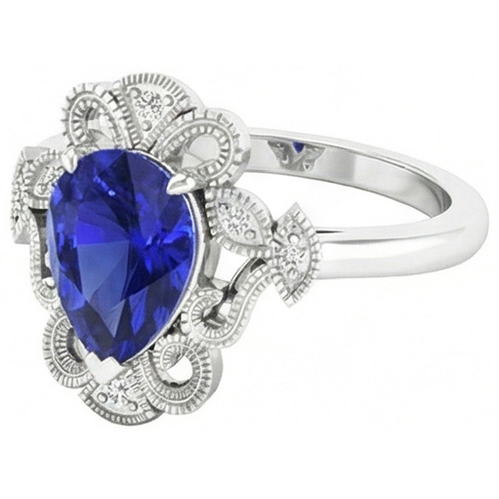 Royal Blue Sapphire Pear Shape Precious Stone Ring in 14K White Gold – side view