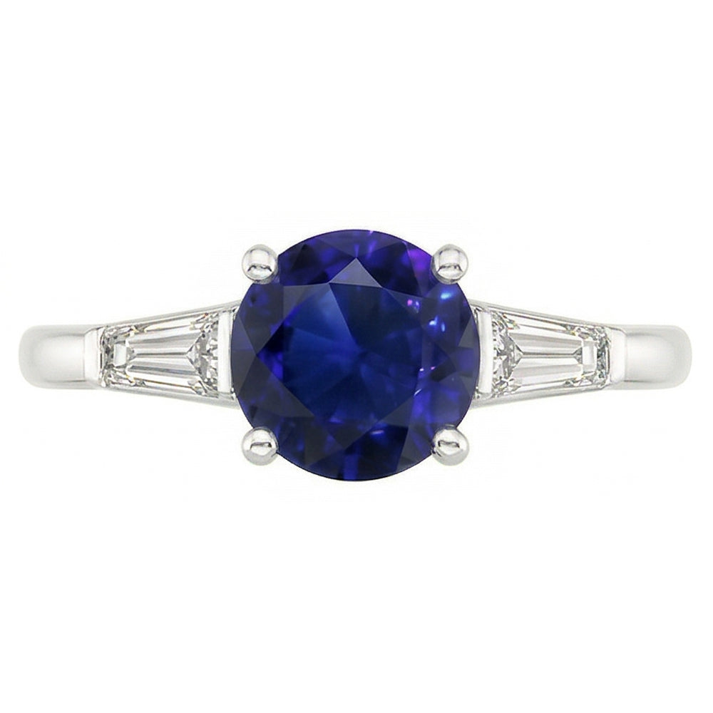 Ceylon Sapphire 3 Stone Ring 2.50 Carats Bar Set Baguette Natural Earth Mined Diamonds