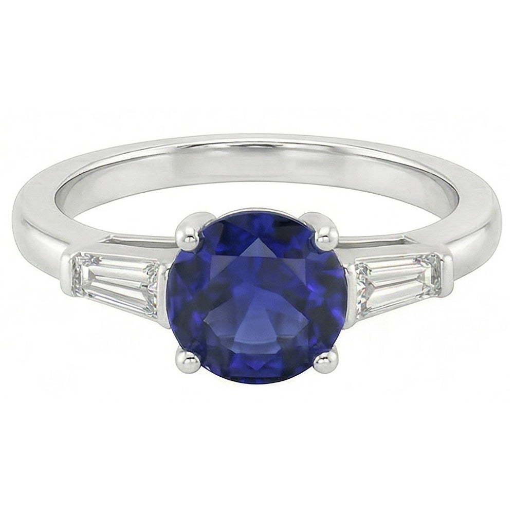 Ceylon Sapphire 3 Stone Ring 2.50 Carats Bar Set Baguette Natural Earth Mined Diamonds