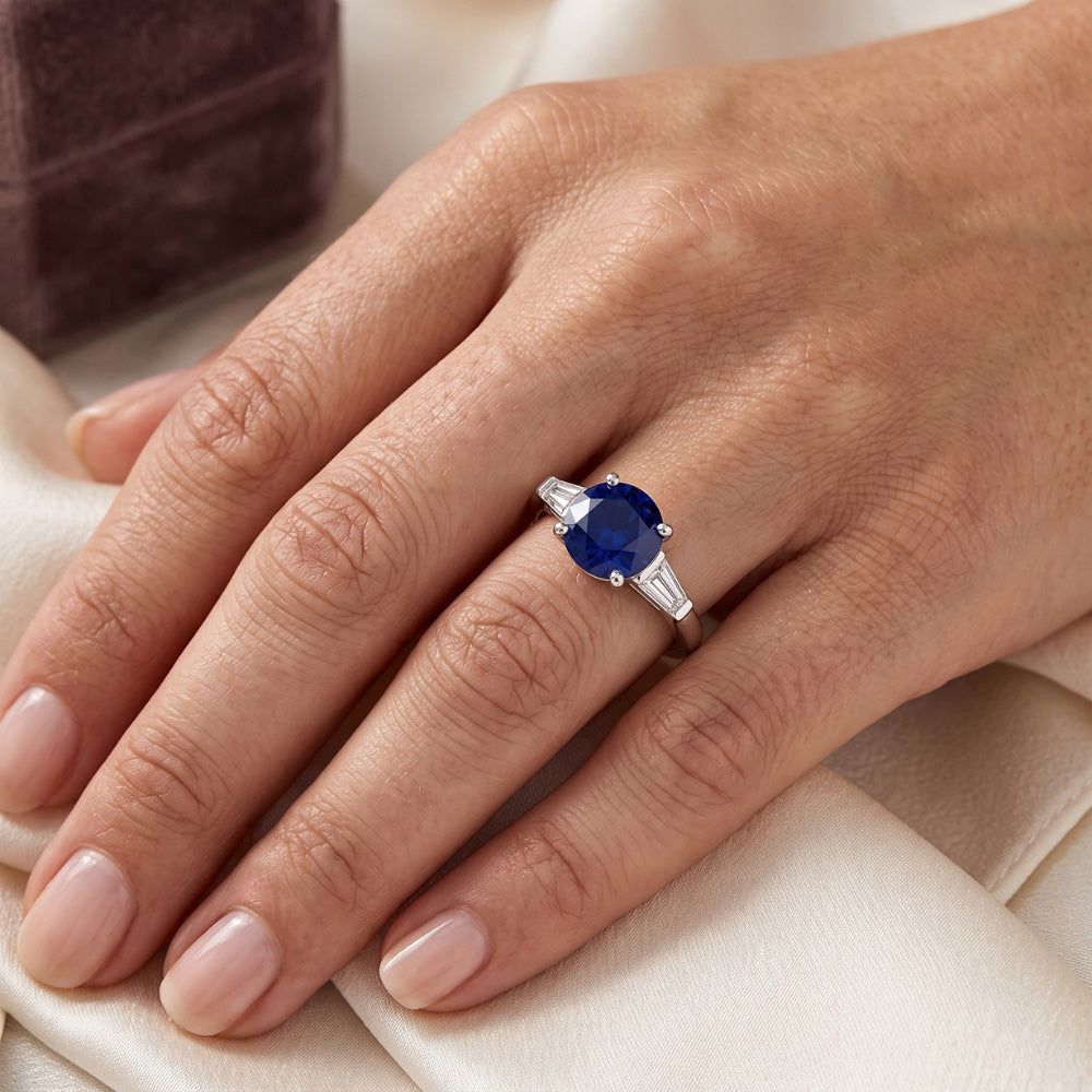 Ceylon Sapphire 3 Stone Ring 2.50 Carats Bar Set Baguette Natural Earth Mined Diamonds