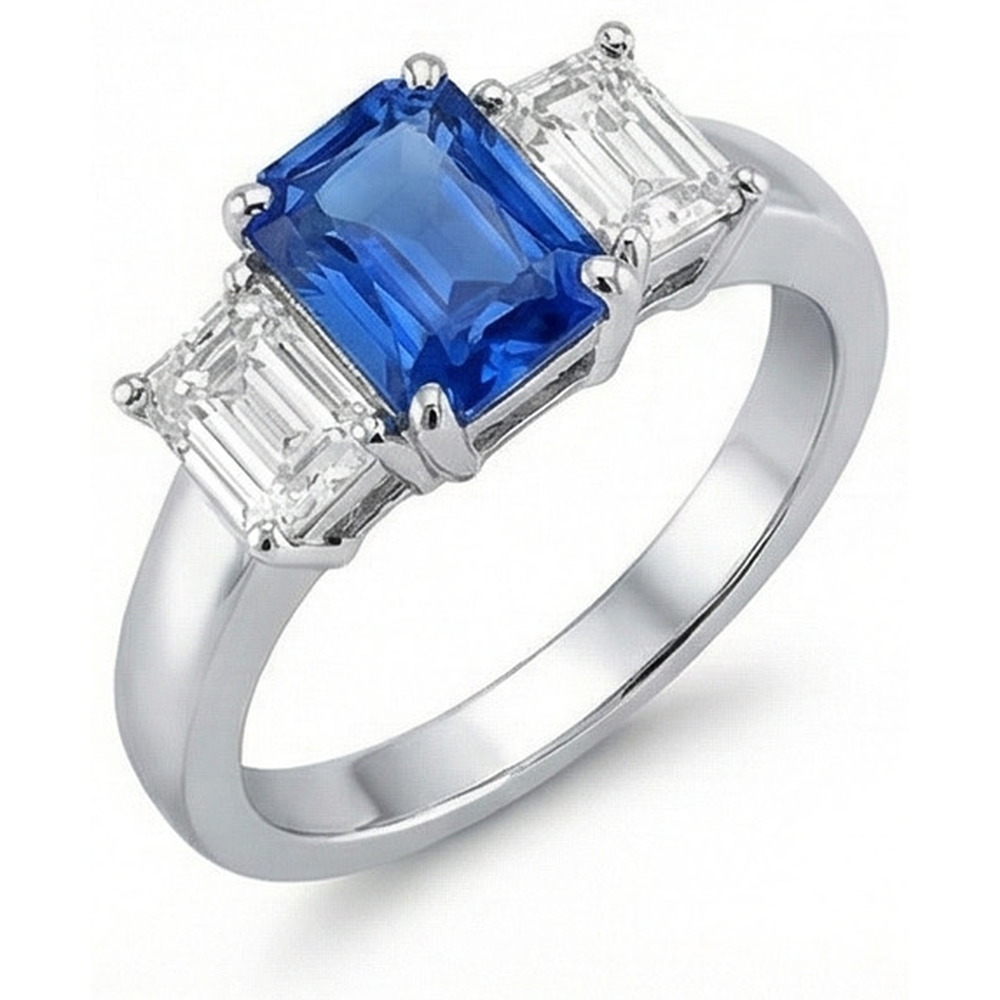 Ceylon Sapphire 3 Stone Ring Radiant & Emerald Natural Earth Mined Diamonds 2.50 Carats