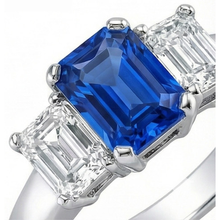 Ceylon Sapphire 3 Stone Ring Radiant & Emerald Natural Earth Mined Diamonds 2.50 Carats