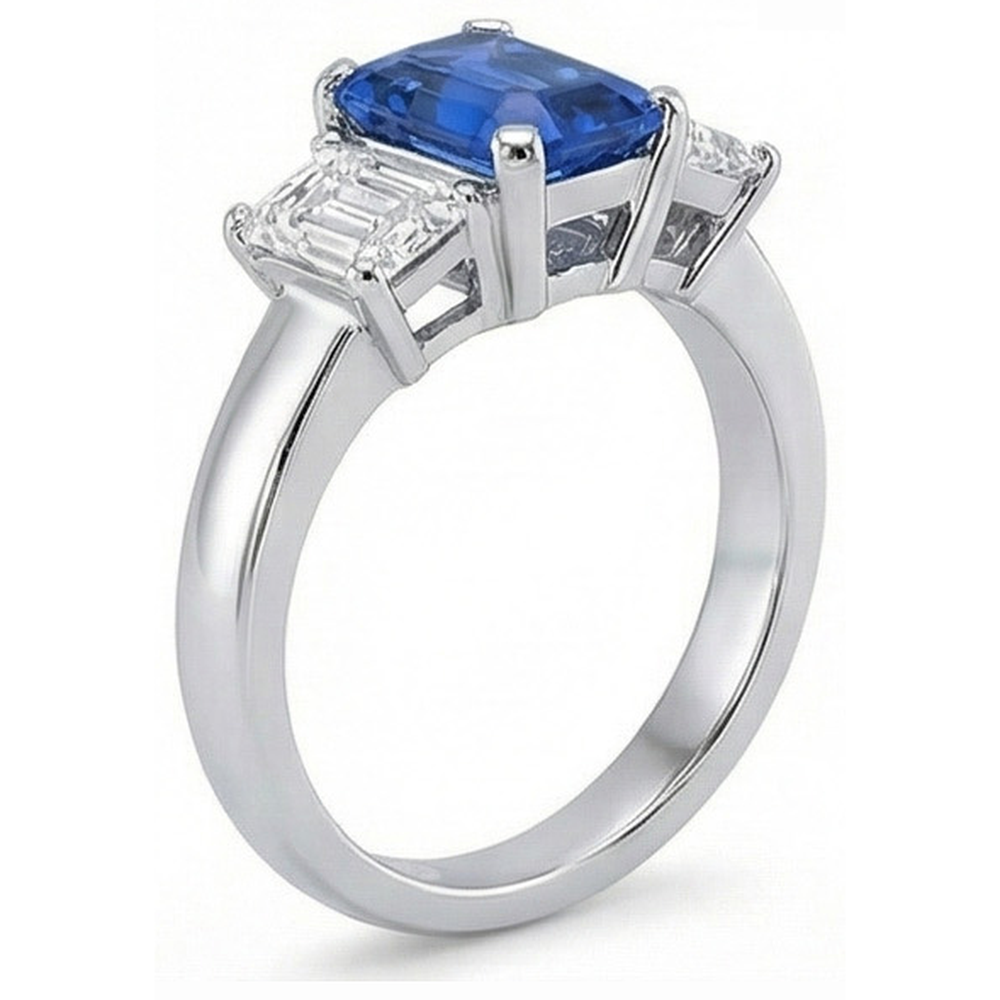 Ceylon Sapphire 3 Stone Ring Radiant & Emerald Natural Earth Mined Diamonds 2.50 Carats