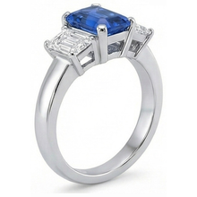 Ceylon Sapphire 3 Stone Ring Radiant & Emerald Natural Earth Mined Diamonds 2.50 Carats