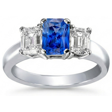 Ceylon Sapphire 3 Stone Ring Radiant & Emerald Natural Earth Mined Diamonds 2.50 Carats