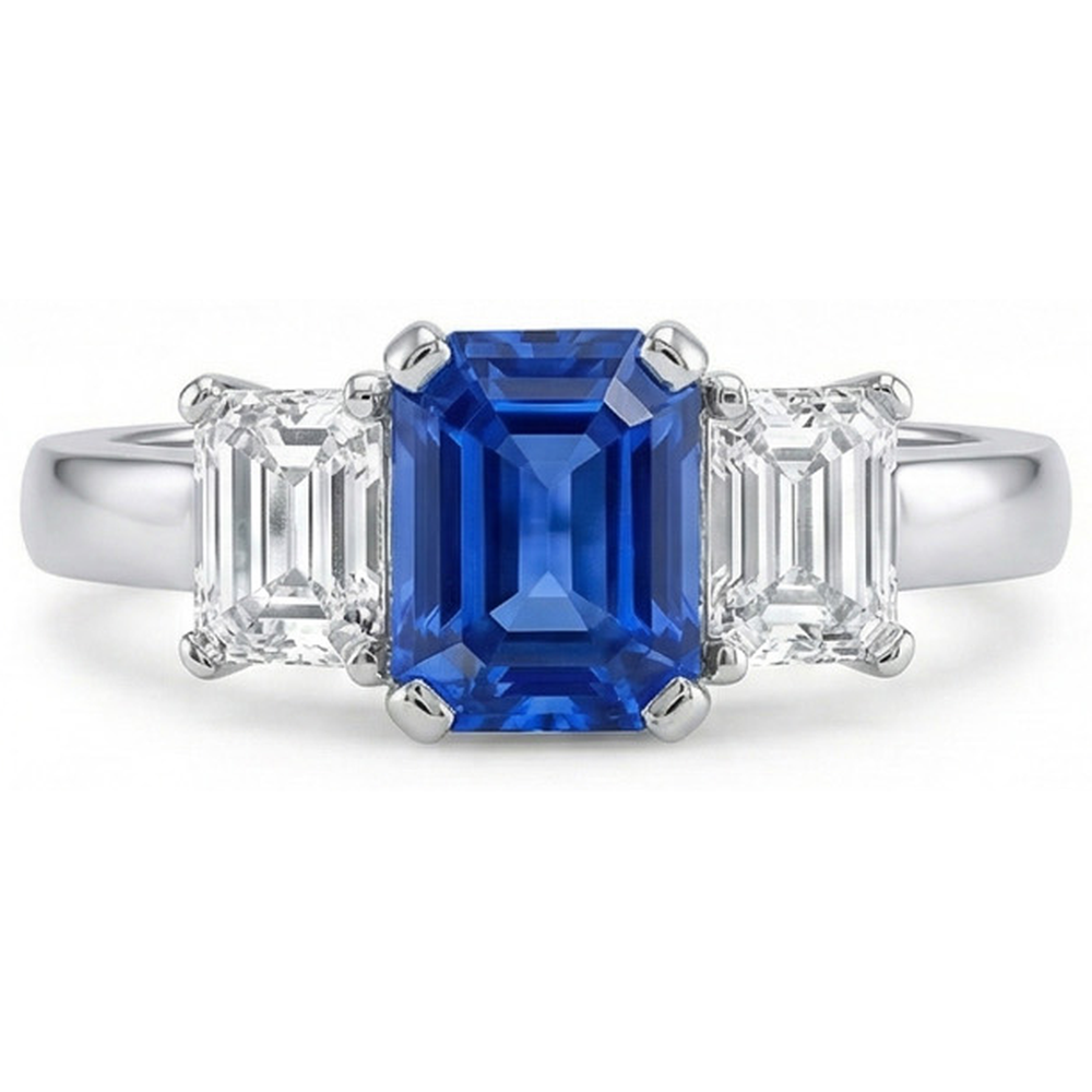 Ceylon Sapphire 3 Stone Ring Radiant & Emerald Natural Earth Mined Diamonds 2.50 Carats