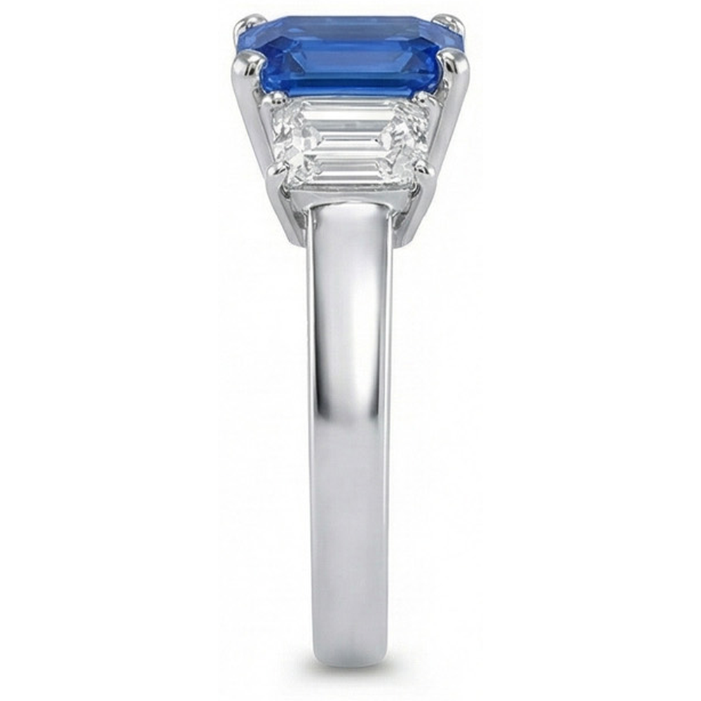Ceylon Sapphire 3 Stone Ring Radiant & Emerald Natural Earth Mined Diamonds 2.50 Carats