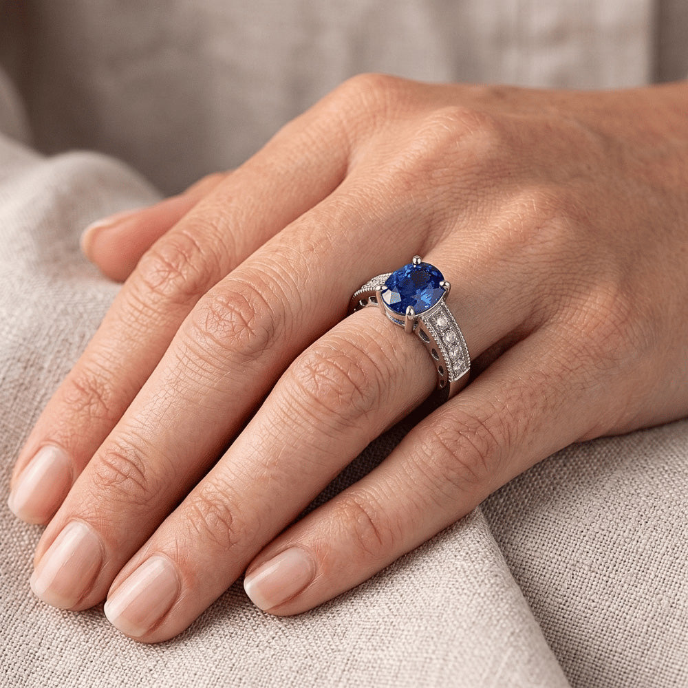Ceylon Sapphire And Natural Earth Mined Diamonds 2 Carats Anniversary Ring White Gold 14K