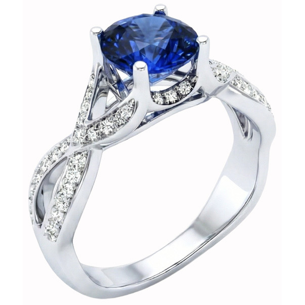 Ceylon Sapphire And Round Natural Earth Mined DIAMOND ( NOT LAB GROWN )s 3 Ct Ring White Gold 14K